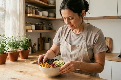 Femme préparant un Buddha bowl anti-inflammatoire avec curcuma, avocat et grenade dans une cuisine moderne en bois clair