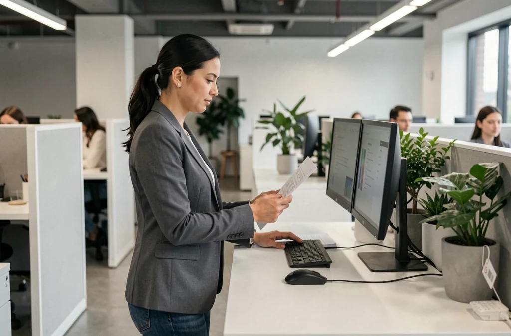 Femme professionnelle debout à un bureau partagé dans un open space minimaliste au cœur de la ville
