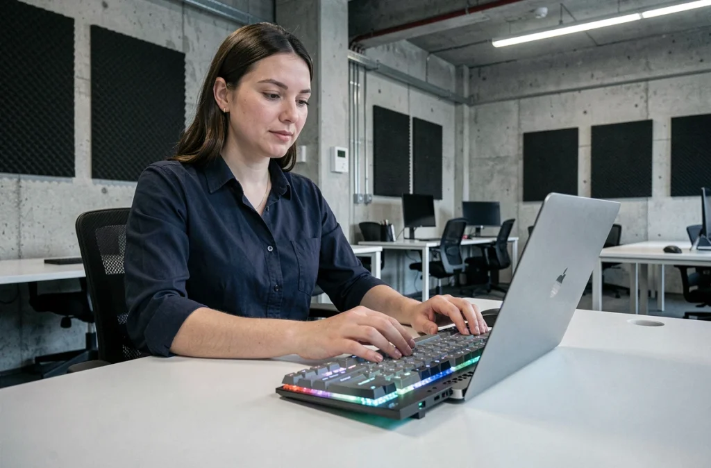 Femme en télétravail dans un espace de coworking avec un clavier mécanique compact RGB
