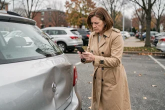Femme examinant les dégâts sur sa voiture après un sinistre et photographiant les dommages avec son smartphone