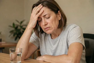 Femme adulte fatiguée avec les lèvres sèches tenant sa tête entre les mains au bureau, signe de déshydratation