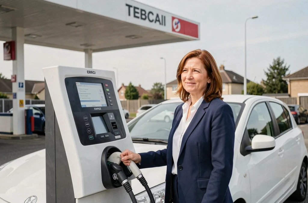 Femme vérifiant la consommation de carburant à la pompe d'une station-service