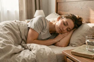 Femme endormie paisiblement dans un lit aux draps froissés, illustrant le rôle du sommeil profond dans la consolidation de la mémoire à long terme