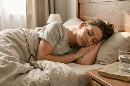 Femme endormie paisiblement dans un lit aux draps froissés, illustrant le rôle du sommeil profond dans la consolidation de la mémoire à long terme