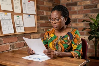 Femme entrepreneur africaine étudiant un plan d'affaires financé par un microcrédit dans son bureau à domicile
