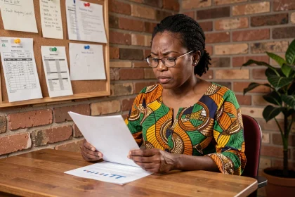 Femme entrepreneur africaine étudiant un plan d'affaires financé par un microcrédit dans son bureau à domicile