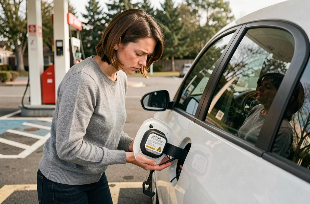Femme lisant l'étiquette de carburant essence sur le bouchon de réservoir de sa voiture