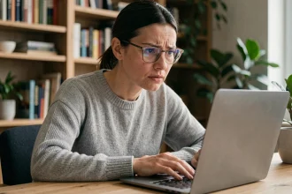 Femme fatiguée fixant un écran d'ordinateur portable avec des yeux secs, illustrant les effets des écrans sur la santé visuelle