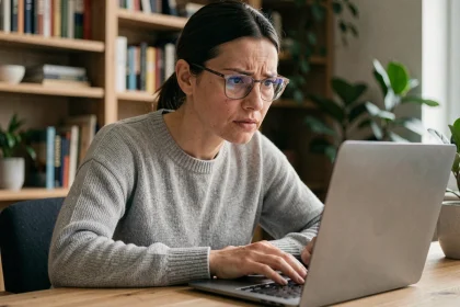 Femme fatiguée fixant un écran d'ordinateur portable avec des yeux secs, illustrant les effets des écrans sur la santé visuelle