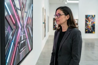 Une femme examinant une peinture futuriste dans une galerie d'art contemporain pour débuter une collection en 2026
