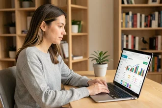 Femme gérant ses abonnements numériques sur un ordinateur portable dans un bureau à domicile moderne