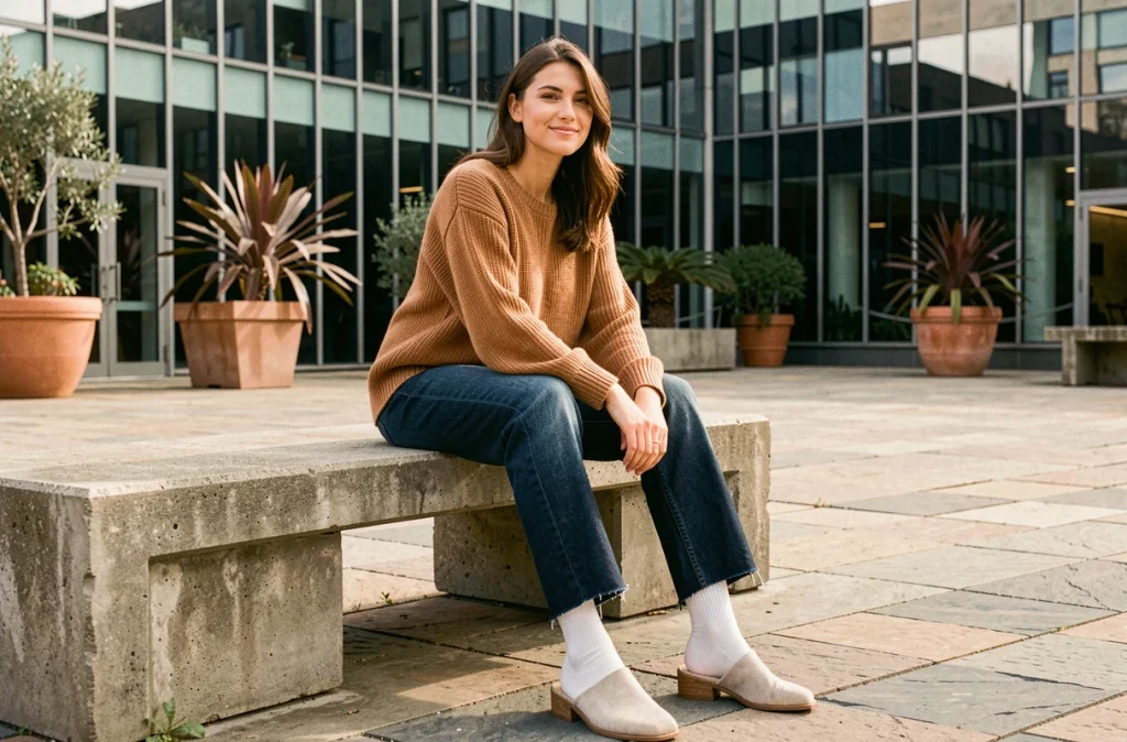 Femme portant un jean brut taille haute indigo assis sur un banc en béton dans une place urbaine moderne