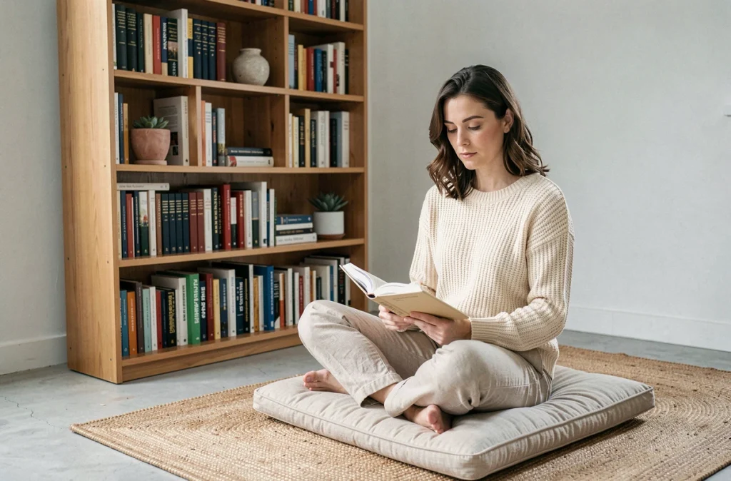 Femme lisant dans un coin lecture aménagé avec grande bibliothèque en bois, coussin de sol et tapis en jute dans un salon contemporain
