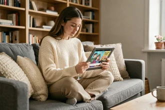 Jeune femme lisant un webtoon sur tablette confortablement installée dans un salon cosy