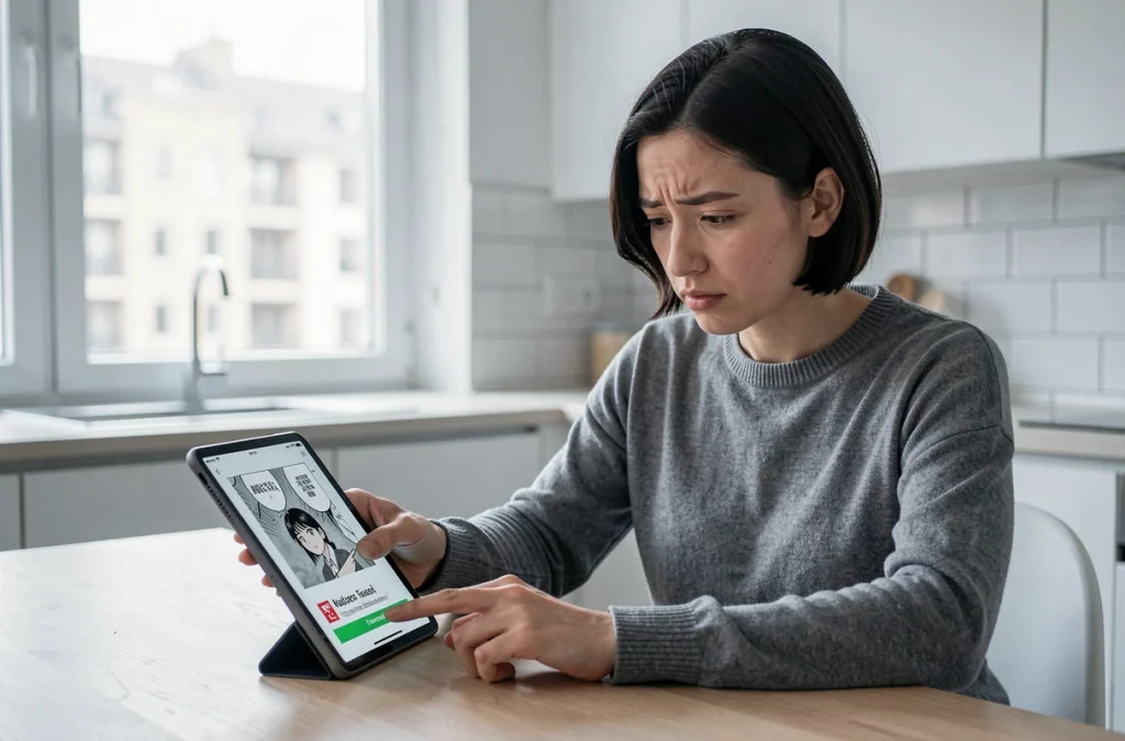 Femme hésitant avant de cliquer sur un lien suspect vers un scan One Piece sur sa tablette, représentant les risques du partage de liens illégaux