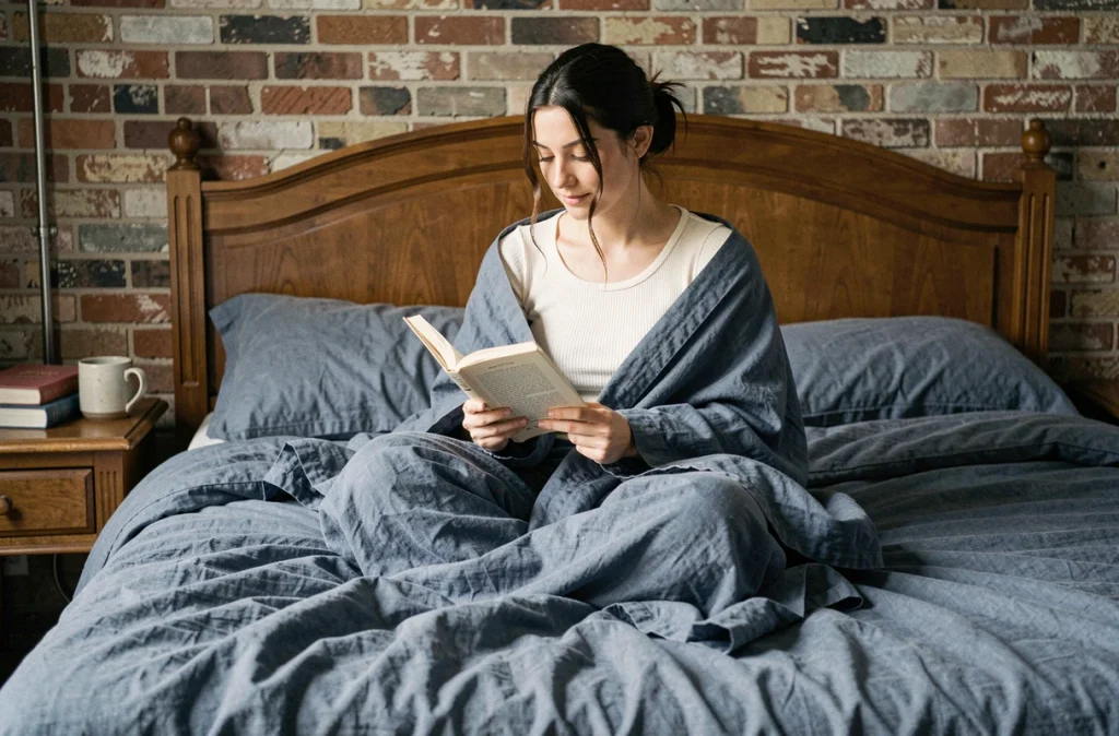 Jeune femme enveloppée dans une housse de couette en lin lavé indigo, lisant dans une chambre à l'atmosphère chaleureuse et authentique