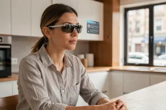 Femme portant des lunettes connectées dans une cuisine moderne, illustrant l'intégration des technologies intelligentes dans la vie quotidienne