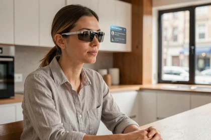 Femme portant des lunettes connectées dans une cuisine moderne, illustrant l'intégration des technologies intelligentes dans la vie quotidienne