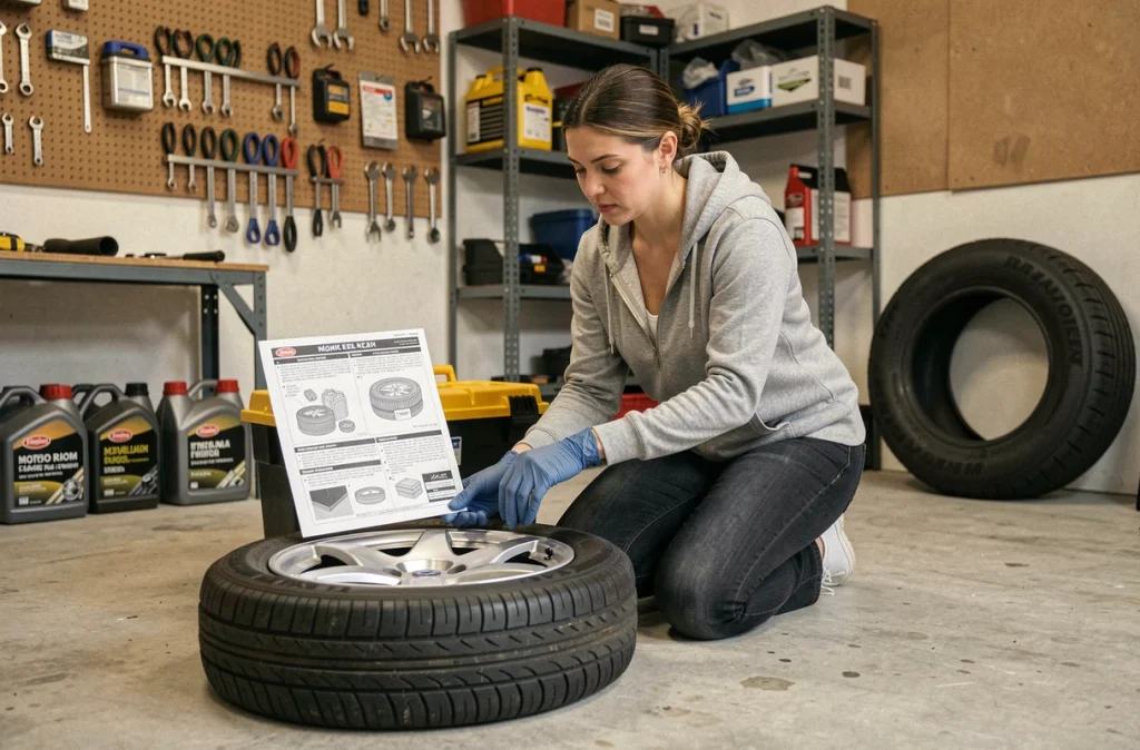 Femme consultant une notice de montage de pneu dans un garage domestique avec des outils posés au sol