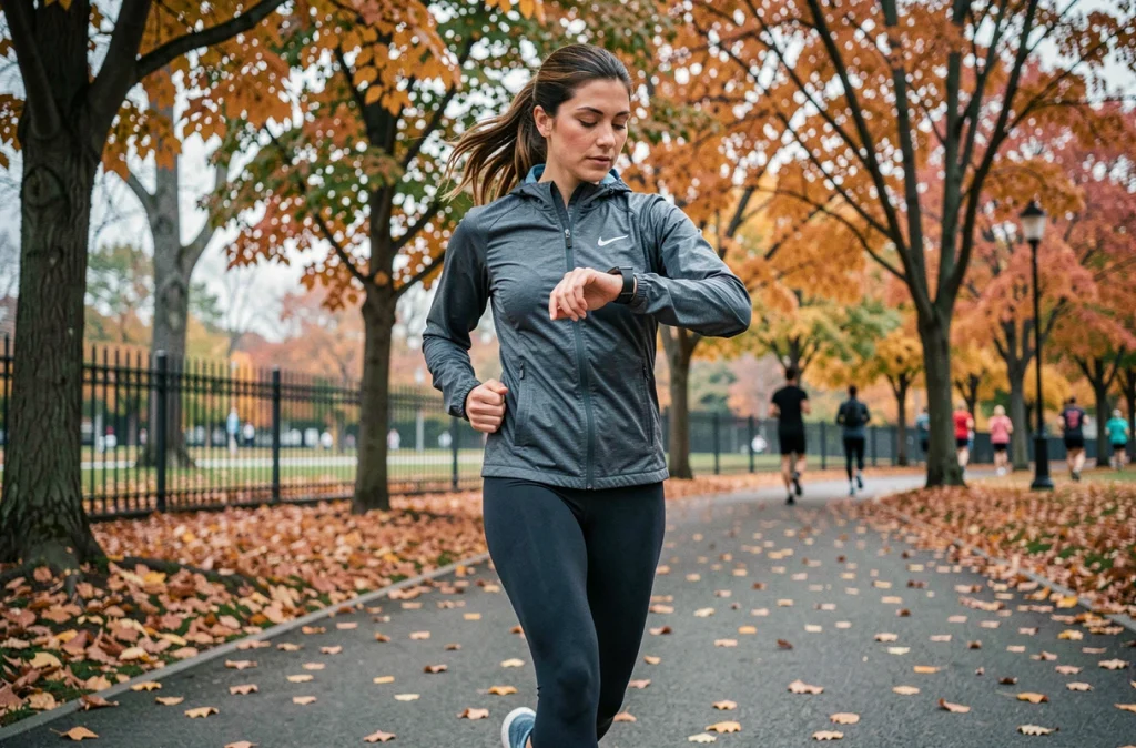 Femme sportive vérifiant l'autonomie de sa montre connectée pendant une course en plein air