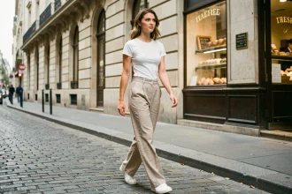 Jeune femme parisienne portant un pantalon large en lin beige dans une rue haussmannienne