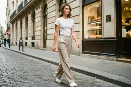 Jeune femme parisienne portant un pantalon large en lin beige dans une rue haussmannienne