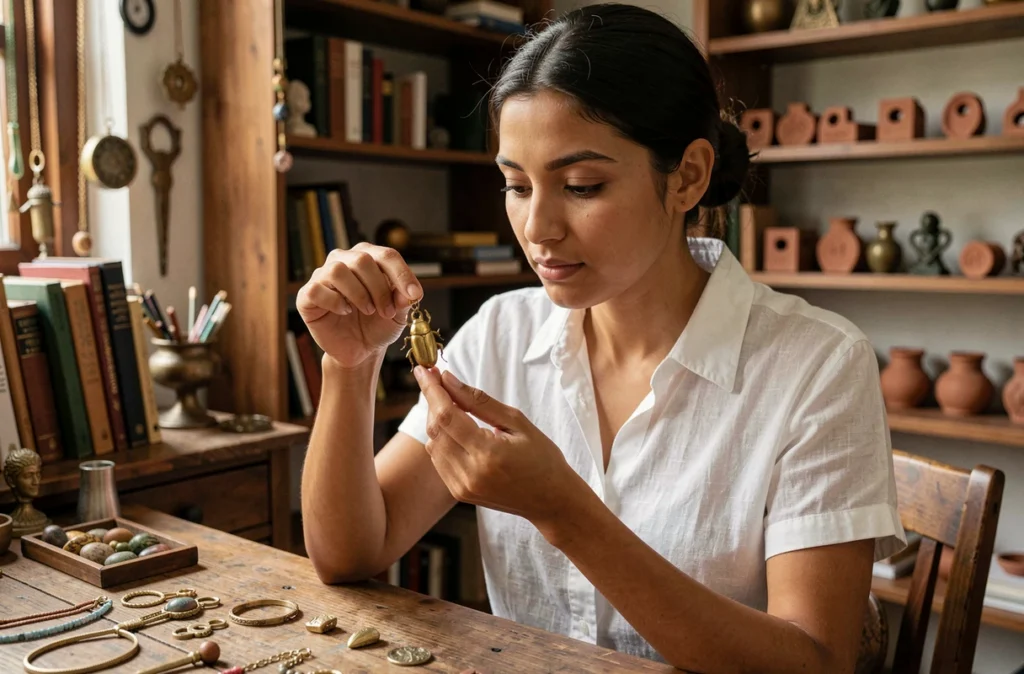 Femme examinant un pendentif scarabée égyptien en or dans un atelier de bijouterie artisanale