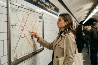 Femme consultant le plan du métro ligne 9 dans une station parisienne avec correspondances RER et tram visibles