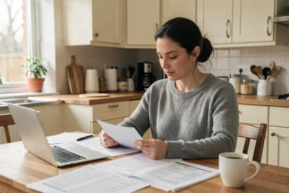 Femme préparant un budget familial à la table de cuisine avec des documents et un ordinateur portable