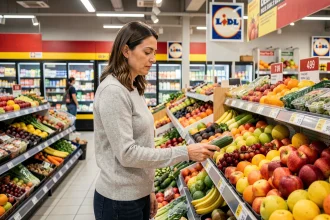 Femme vérifiant les produits frais dans un rayon de supermarché Lidl