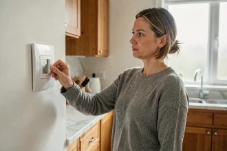 Femme réglant un thermostat mural dans une cuisine moderne pour réduire sa consommation d'électricité