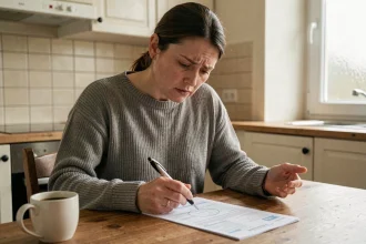 Femme consultant un relevé bancaire à la table de cuisine et repérant des frais cachés sur son compte courant