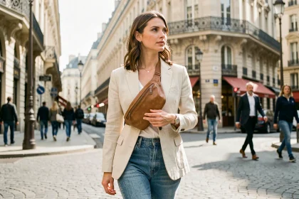 Femme portant un sac banane en cuir beige en bandoulière dans une rue parisienne animée, style urbain tendance