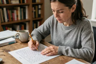 Femme concentrée résolvant une grille de sudoku imprimée sur papier à son bureau en bois avec un crayon