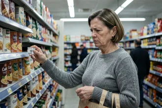 Une femme vérifie les prix dans un supermarché, illustrant l'impact de l'inflation sur le pouvoir d'achat des ménages