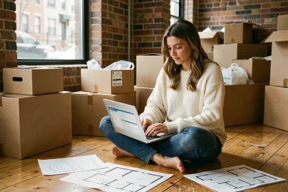 Femme en télétravail cherchant un logement sur son ordinateur portable entourée de cartons de déménagement dans un appartement