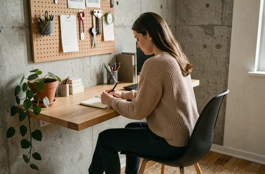 Jeune femme travaillant à un bureau suspendu dans un studio avec mur en béton et plante verte
