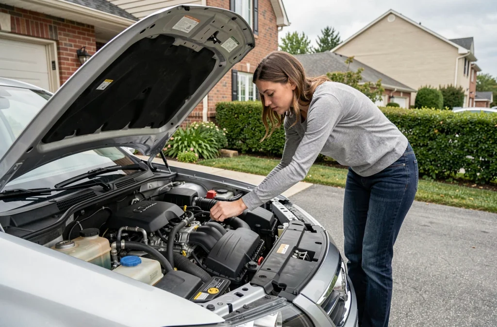 Femme vérifiant le niveau d'huile moteur avec une jauge sur une voiture garée dans une allée résidentielle