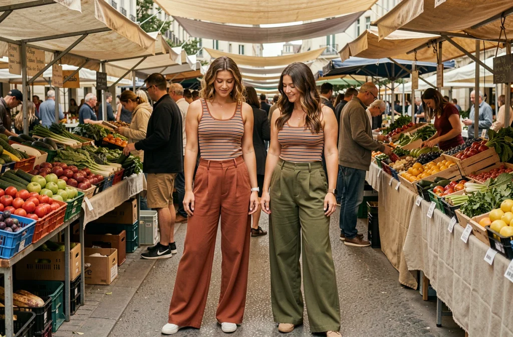 Deux femmes en pantalons larges colorés au marché en plein air à Lyon