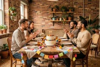 Groupe d'amis adultes fêtant un anniversaire à la maison autour d'un gâteau fait maison avec des décorations colorées