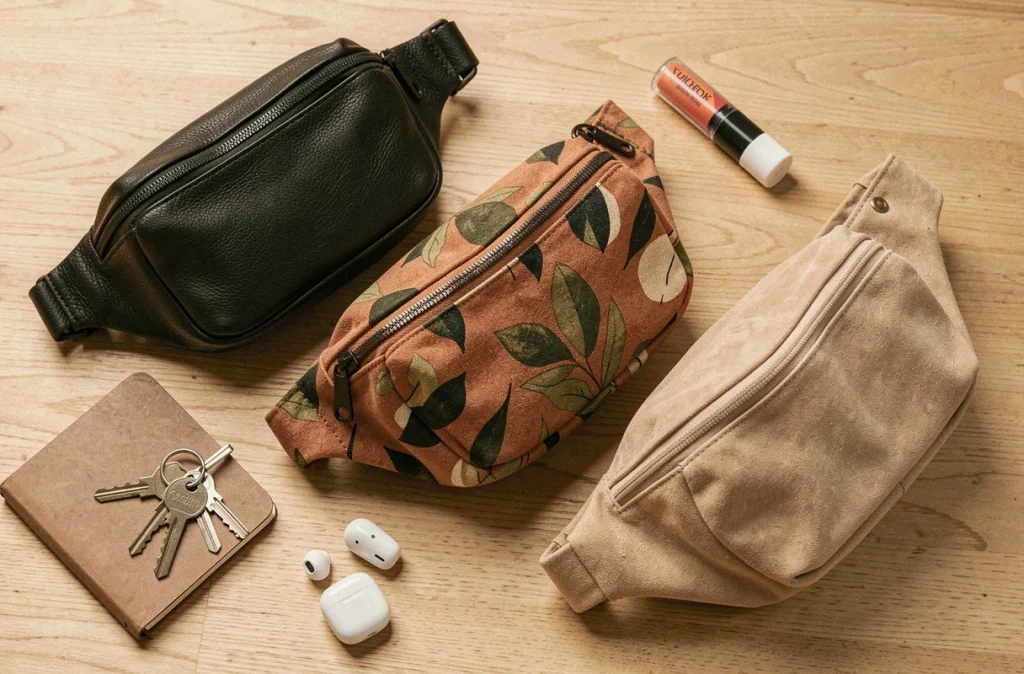 Trois sacs banane de styles différents — cuir, toile et daim — présentés en flat-lay avec des accessoires du quotidien