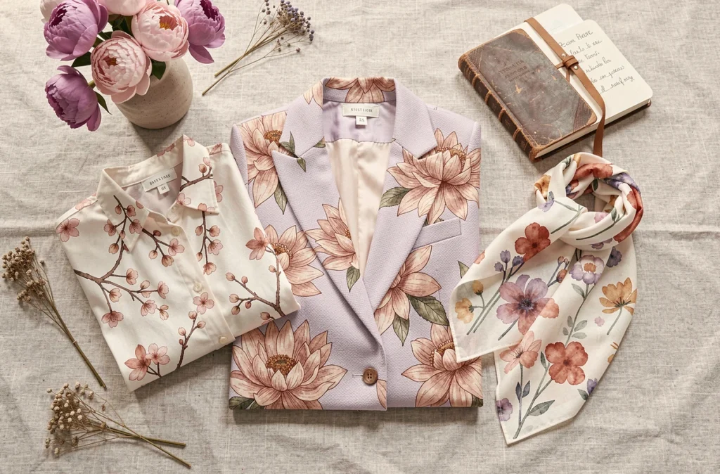 Flat-lay éditorial de vêtements à imprimés fleuris saisonniers — blouse en soie, blazer jacquard et foulard aquarelle — sur lin avec accessoires botaniques
