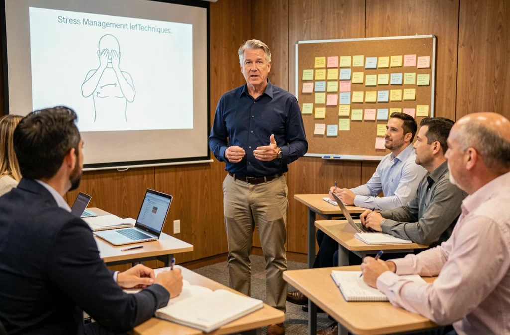 Formateur présentant des techniques de gestion du stress à un groupe de salariés dans une salle de séminaire en entreprise