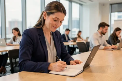 Une salariée prend des notes lors d'une session de formation continue en entreprise dans une salle de réunion moderne