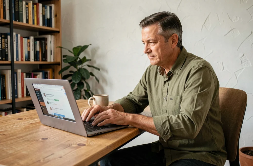 Un homme en télétravail suit une formation en ligne sur son ordinateur portable dans un bureau à domicile