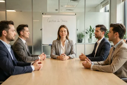 Groupe de professionnels en entreprise pratiquant une séance de mindfulness lors d'une formation sur la gestion du stress