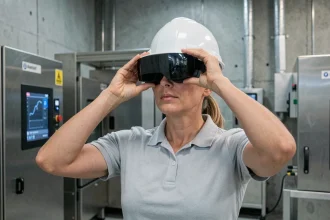 Femme technicienne utilisant un casque de réalité augmentée lors d'une formation professionnelle industrielle
