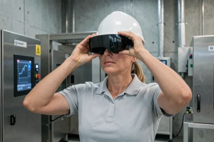 Femme technicienne utilisant un casque de réalité augmentée lors d'une formation professionnelle industrielle