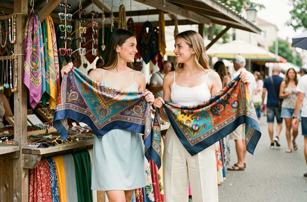 Deux femmes choisissant des foulards colorés sur un marché d'été en plein air, tenues estivales minimalistes