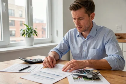 Un homme examine des documents de frais immobiliers à une table en bois dans un appartement moderne
